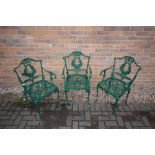 Three cast and green painted aluminium garden chairs