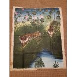 Early 20th Century Indonesian gouache on cotton, Tigers emerging from undergrowth 116cm x 93cm