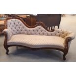 Figured mahogany chaise longue,upholstered in button cream fabric, cabriole legs, 200cm