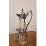 William Powell for Whitefriars claret jug with silver plated mount, tapered clear glass body with