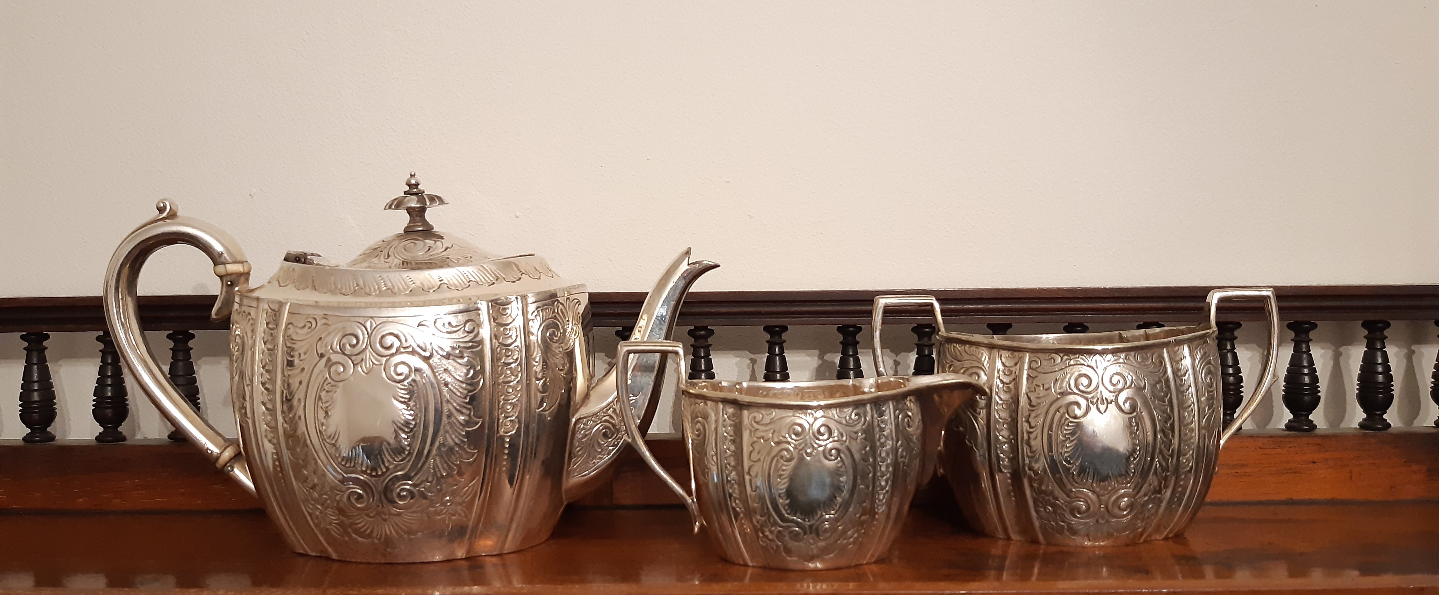 Late Victorian silver plated three piece bachelors tea service by Barraclough & Sons, Leeds and a