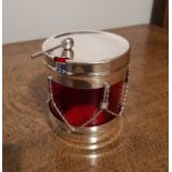 Viners International silver plated and ruby glass Drum shape lidded preserve pot, 8.5cm diameter x