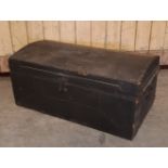 19th Century studded black canvas covered domed top trunk, 76cm wide x 43cm deep x 36cm high, slight