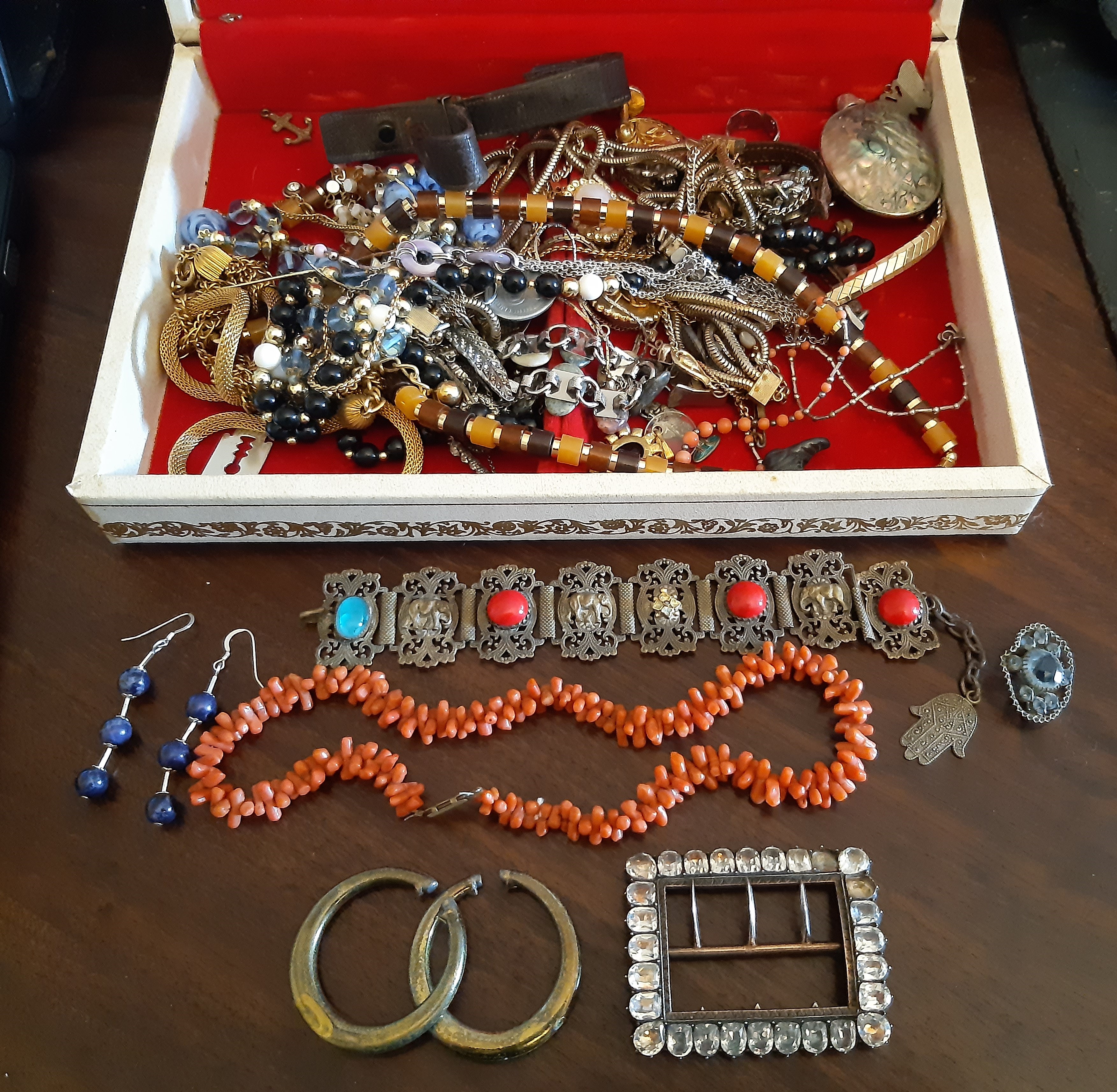 Box of mixed jewellery, including coral necklace and a 19th Century white metal and past shoe buckle