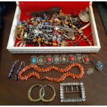 Box of mixed jewellery, including coral necklace and a 19th Century white metal and past shoe buckle