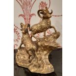 Early 20th Century brass figure of two Ibex / mountain goats on rocky outcrop, 20cm high