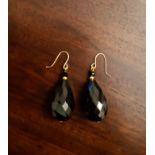 Pair banded agate and gilt metal pendant earrings of faceted pear shape