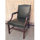 Mahogany Gainsborough chair, studded green leather upholstery, on square front legs