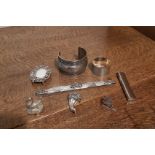 925 silver cornucopia, white metal cuff, silver comb mount and napkin ring and four other items
