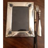 Continental white metal and hardstone set photograph frame, 22cm x 17cm, a silver handled shoe