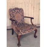 Mahogany Gainsborough chair, with shaped back, dished seat, cabriole front legs with paw feet