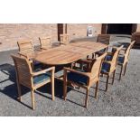 New Indonesian responsibly sourced teak extending garden table and set of eight chairs Note: free