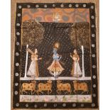 Early 20th Century Indian gouache on cotton, Kali and attendants, starry night background, 114cm x