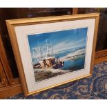 Signed limited edition colour print, Fishing boats, 44cm x 54cm, indistinctly signed to margin,