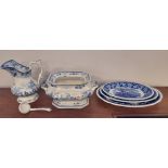 Six pieces of 19th Century blue and white pottery including set of three graduated Adams 'Cattle