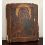 Early 20th Century Russian 'Hodigitria' icon depicting the Madonna and Child, 30cm x 25cm, worded in