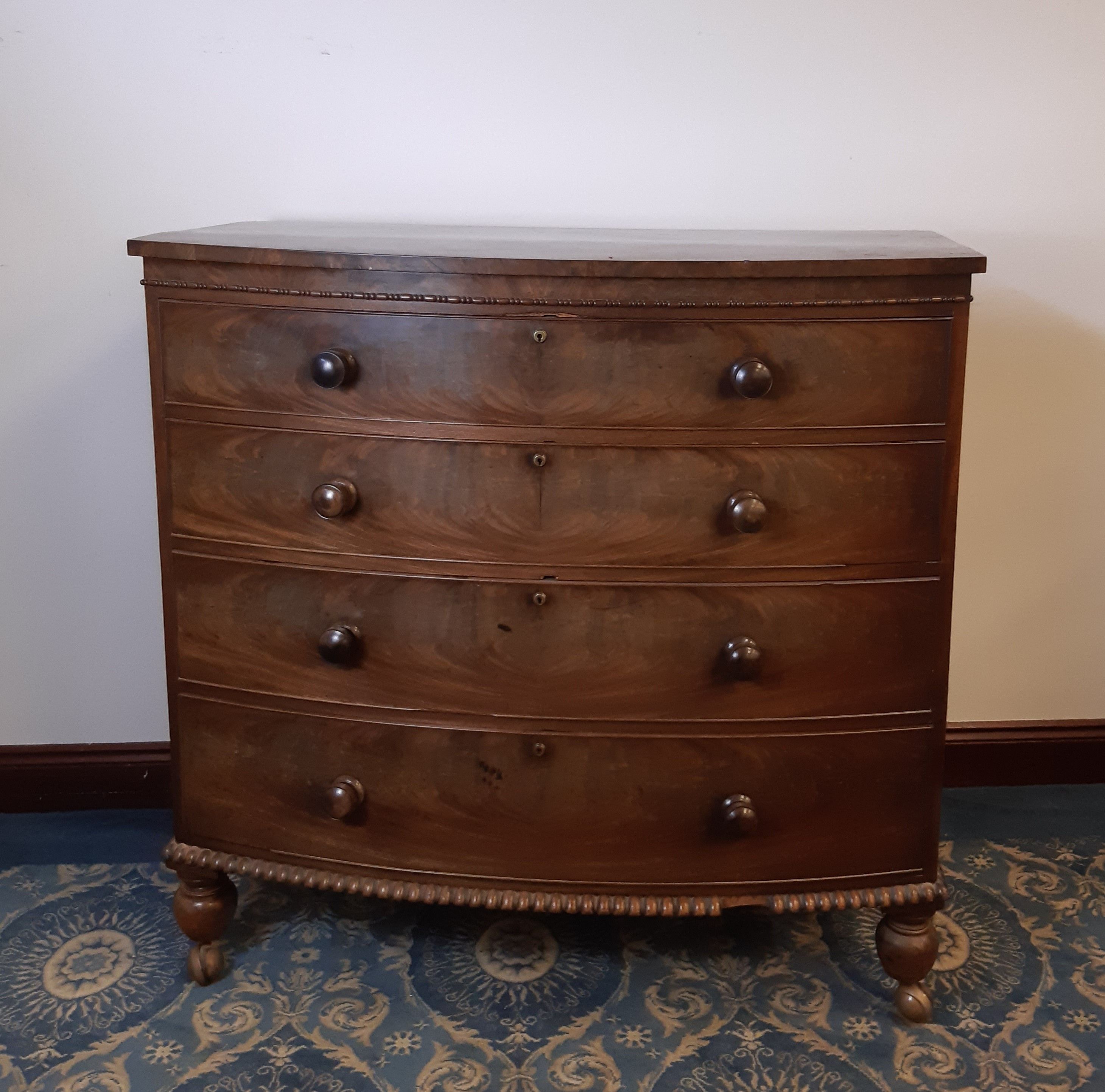 Early Victorian figured mahogany bow front chest of drawers, Bramah locks, bead mouldings on - Image 2 of 3