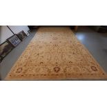 Hand woven Afghani carpet of Ziegler design, woven in pale colours on a light tan ground, 7.7m x 5.