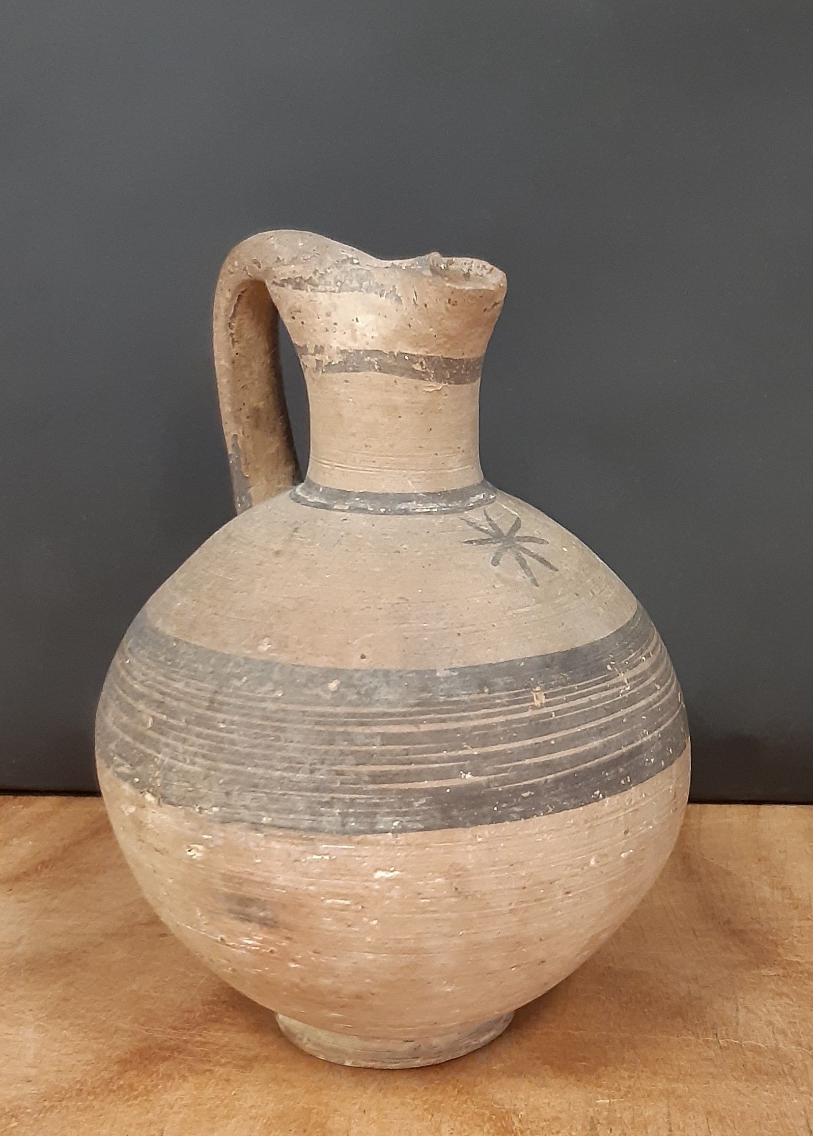 Roman Samian pottery jug, decorated with brown banding and a star, 17cm high, minor decoration - Image 2 of 5