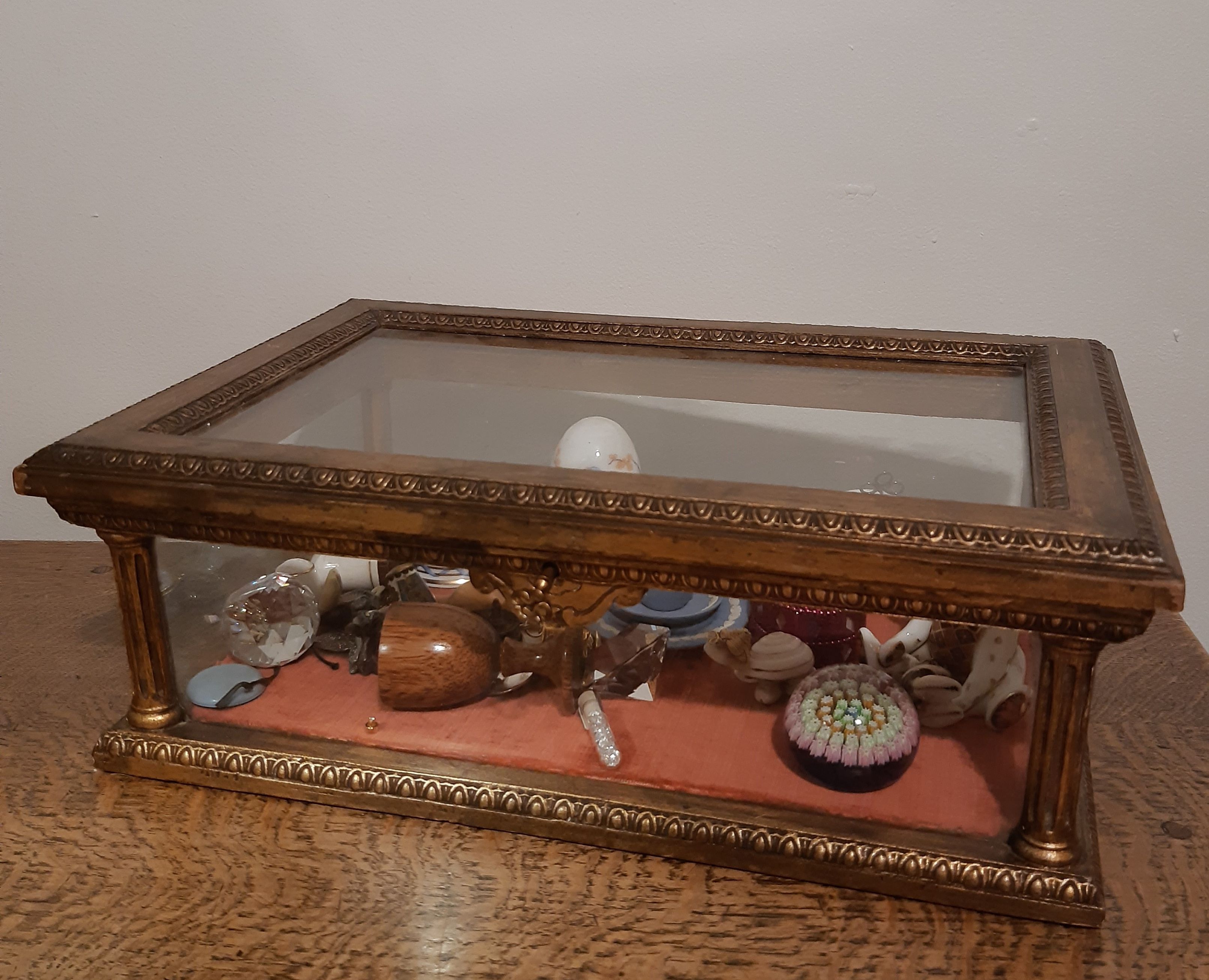 Small millefiori glass domed paperweight, with engraved base and a quantiy of decorative objects