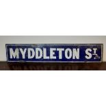 Vintage enamelled metal sign - Myddleton St, 91cm x 18cm, minor chipping to enamel and some rusting,