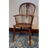 19th Century ash and elm two tier comb back Windsor armchair, with crinoline stretcher, back 100cm