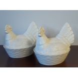 Pair of Beswick cream glazed pottery 2397 pattern Hen on Nest egg coddlers, 21cm long x 21cm high,
