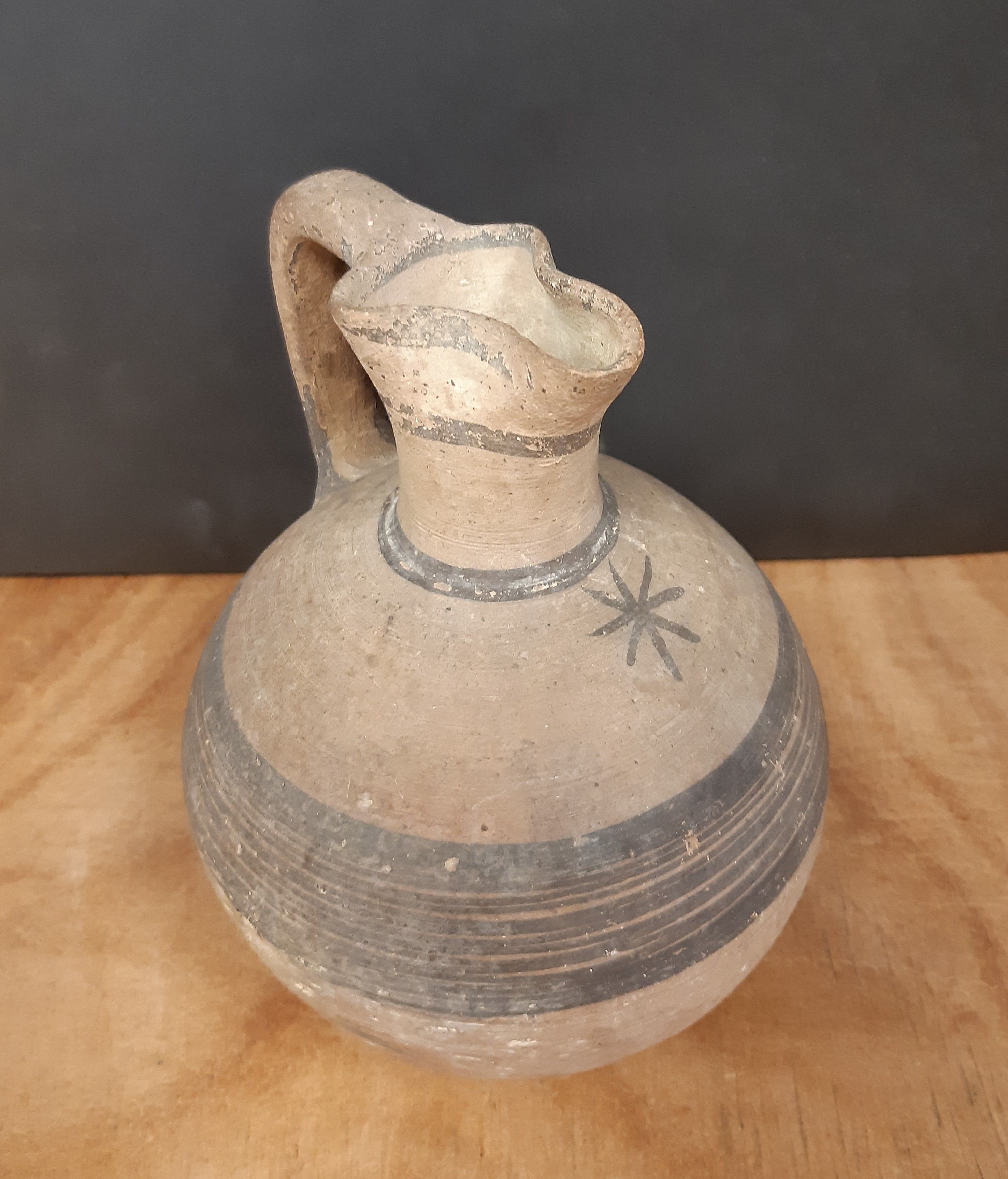 Roman Samian pottery jug, decorated with brown banding and a star, 17cm high, minor decoration - Image 3 of 5