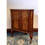 19th Century Dutch inlaid mahogany corner cupboard, fitted single shelf, on cabriole legs, 65cm wide