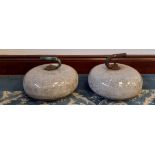 Pair of late 19th / early 20th Century polished granite curling stones, with bronzed handes (one