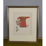 Colour print, Red Turkish coat design, 25cm x 19cm, gilt frame and glazed