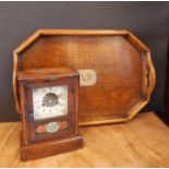 Late Victorian oak octagonal gallery tray, with handle cut outs, inset with plated plaque, 52cm x