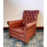 Edwardian buttoned and studded red leather Club armchair, squat bun front feet, 80cm wide x 75cm