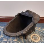 Victorian cast iron coal scuttle, modelled with face mask 65cm long x 39cm wide x 33cm high