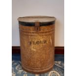 Vintage painted galvanised lidded Flour bin, 48cm diameter x 64cm high, rusted and slight damage