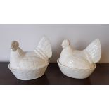 Crown Devon cream glazed pottery Hen on Nest egg coddler and a pressed glass example of similar