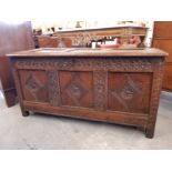 Late 17th Century panelled oak cover with carved three panel front, 202cm wide x 51cm deep x 64cm