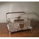 Victorian silver plated and glass lidded Sardine dish, with folding bale handle, 17.5cm wide x