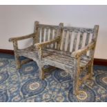 Good quality Lister weathered teak two seat garden bench, 128cm wide x 61cm deep x 84cm high, good