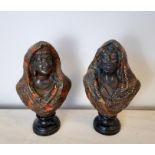 Pair of early 20th Century painted terracotta 'Blackamoor' male and female busts by WG & Co, 29cm