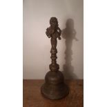Early 20th Century Indian brown patinated bronze table hand bell, with cast Ganesh handle, 23cm