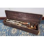 Vintage pine Croquet case, containing mixed Croquet 'spares' - four hoops, two painted posts, etc,