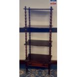 Mid Victorian mahogany serpentine fronted four tier whatnot, fitted single drawer on bobbin turned