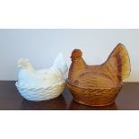 Amber pressed glass Hen on Nest egg coddler, 22cm long x 21cm high and a white pressed glass