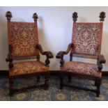 Pair giltwood and carved mahogany 'Throne' armchairs of Northern Italian design, backs and seats