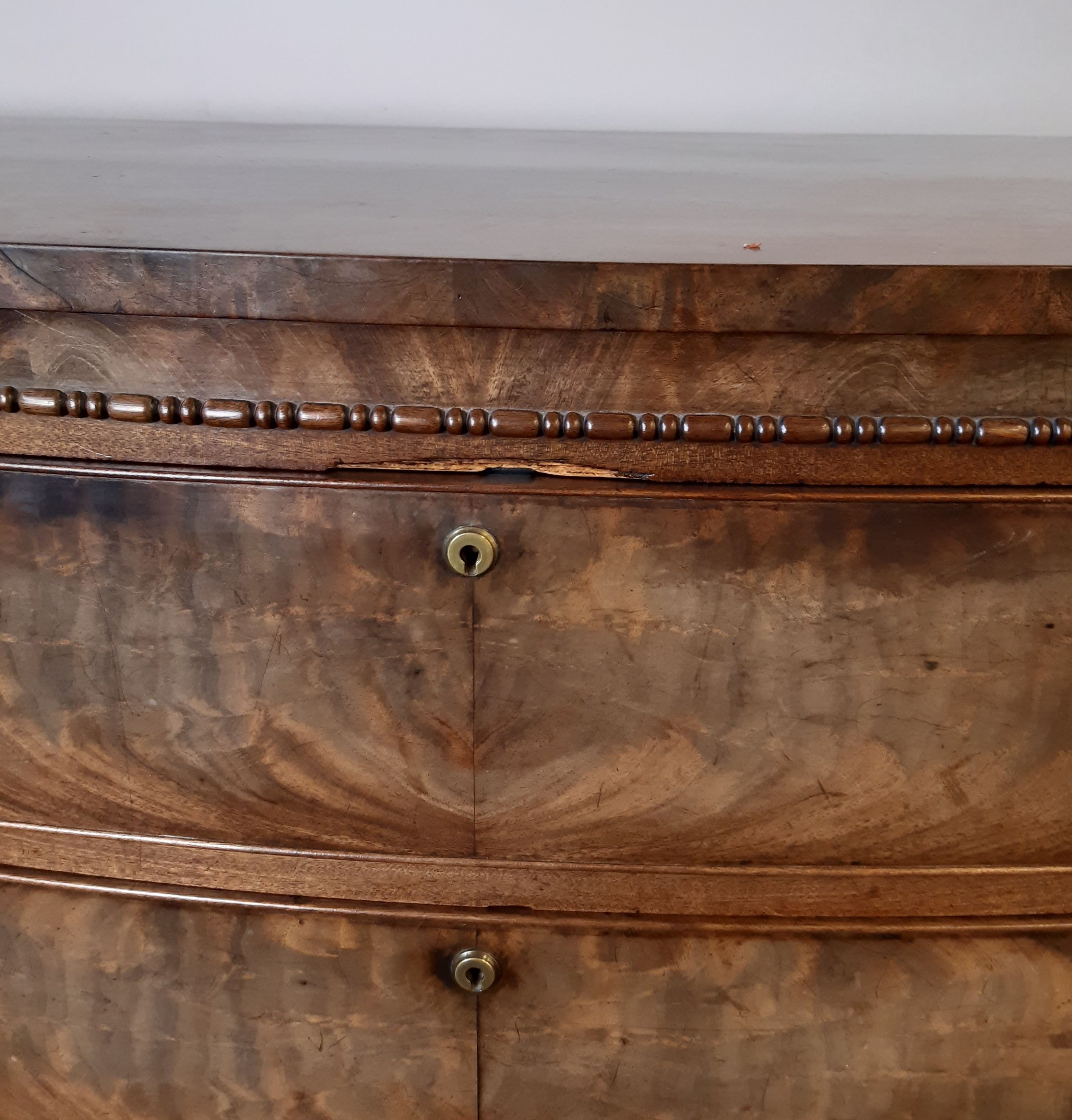 Early Victorian figured mahogany bow front chest of drawers, Bramah locks, bead mouldings on - Image 3 of 3