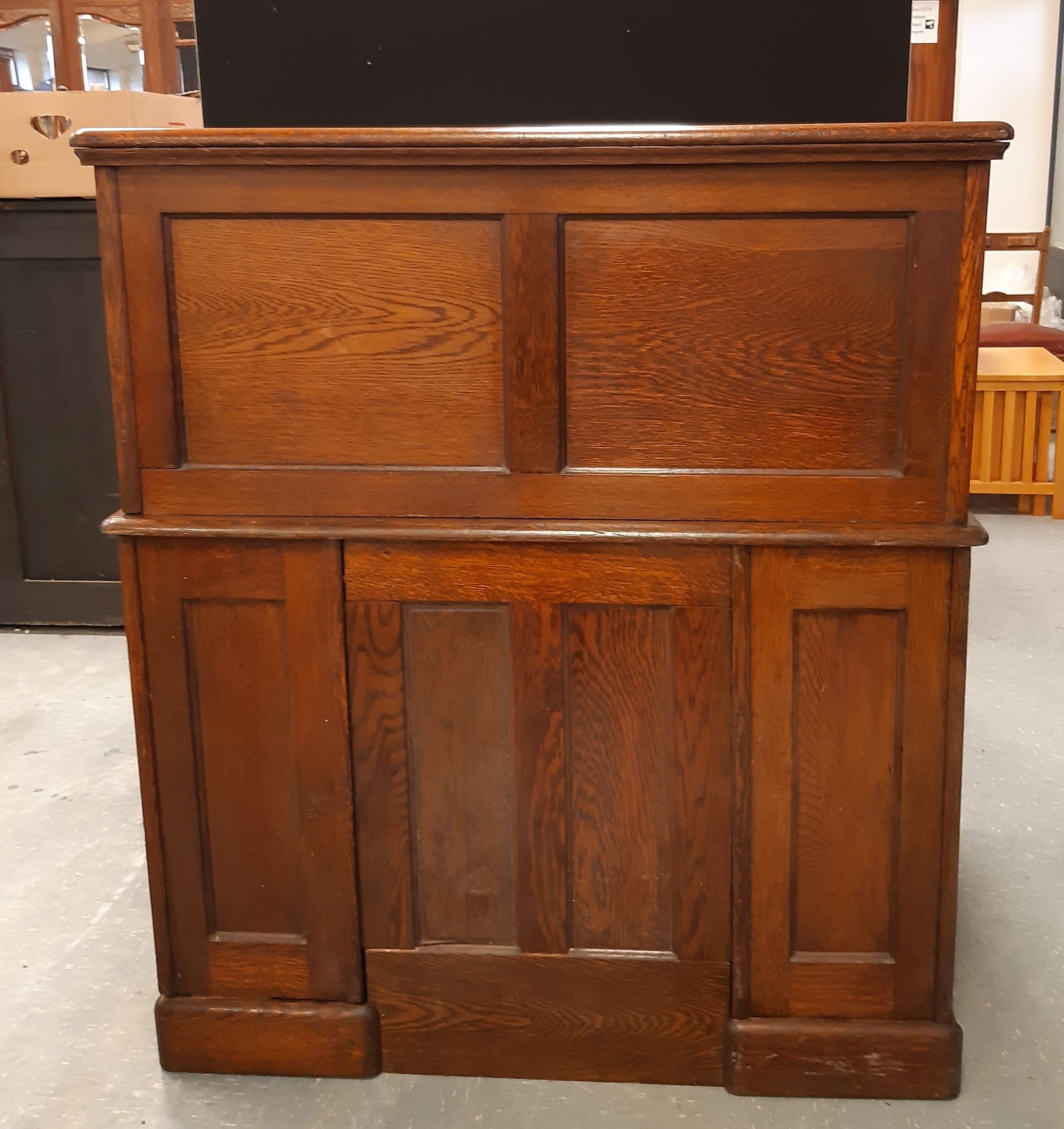 1930's panelled oak tambour top pedestal desk, 108cm wide x 80cm deep x 122cm high (top lacking lock - Image 3 of 3