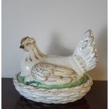 19th Century 'Staffordshire' painted and gilded pottery Hen on Nest, 18cm long x 15cm high