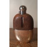 Early 20th Century silver plated, clear glass and brown crocodile leather covered spirit flask, with