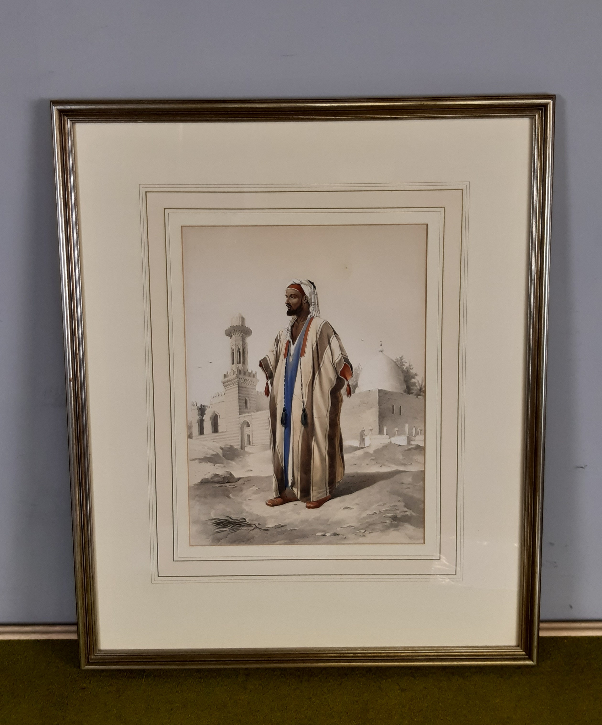 Emile Prisse D'Avennes (1807-1879), coloured lithograph, Arabic man before a Mosque